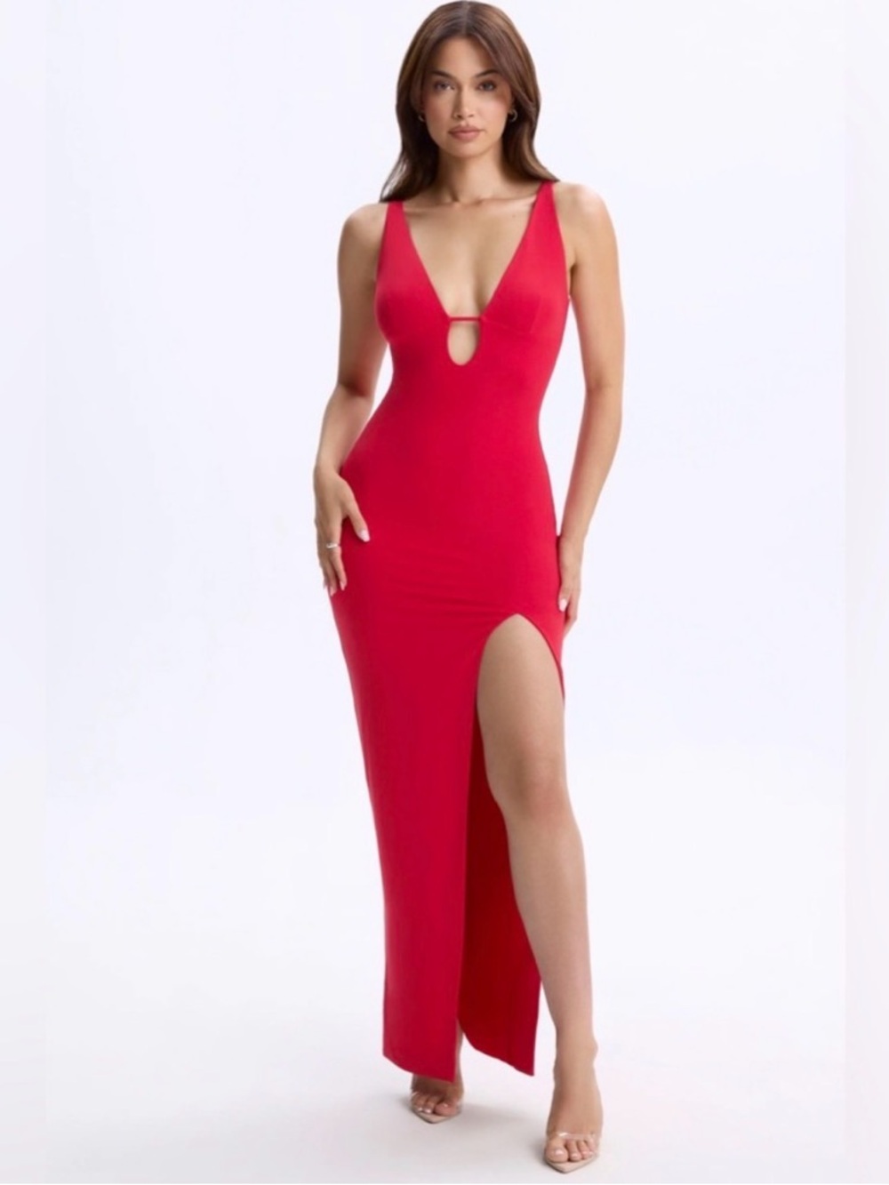 Oh Polly Cherry Red Modal Plunge Maxi Dress Sleeveless Slit Bodycon Dress S NWT